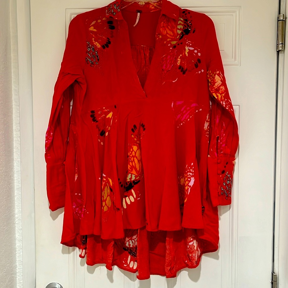 Free People Red Mixed-Print Peasant Tunic